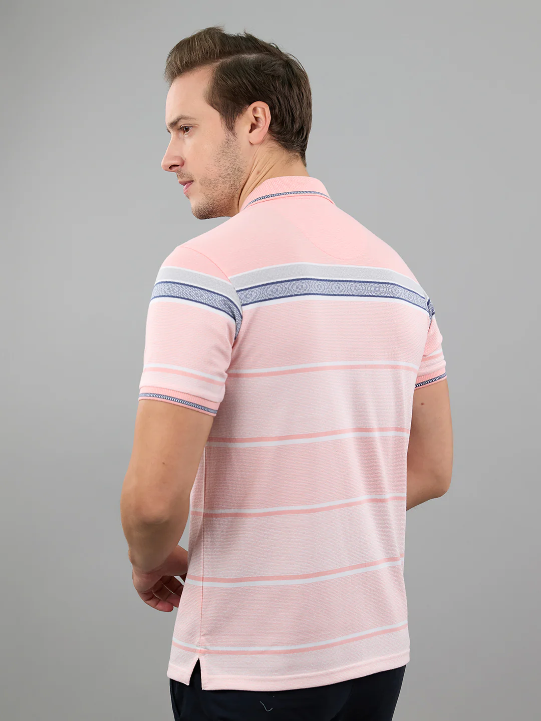 Men Pink Stripe Polo Collar Half Sleeve T-Shirt - Image 5