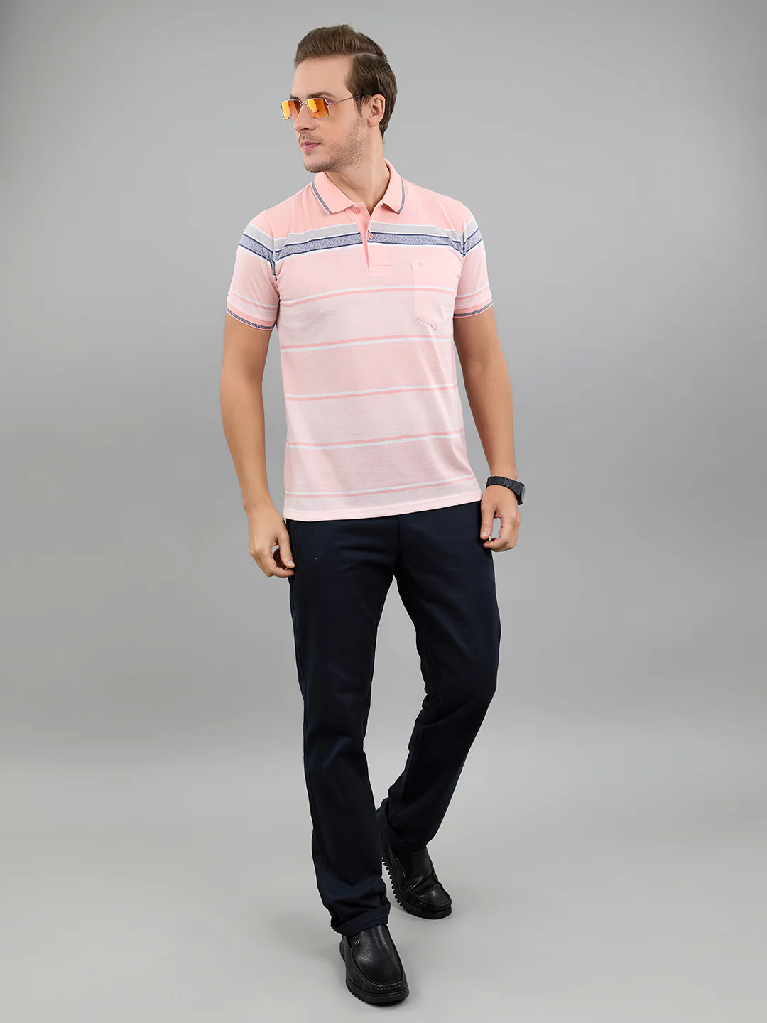 Men Pink Stripe Polo Collar Half Sleeve T-Shirt - Image 6
