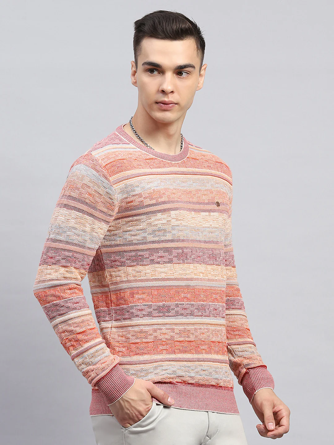 Men Pink Stripe Round Neck Full Sleeve Pullover - Image 4