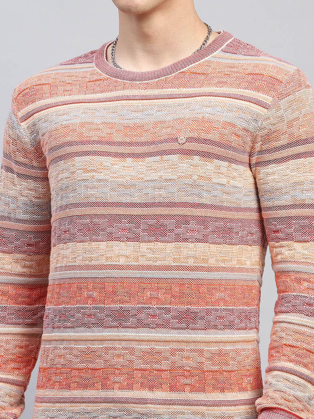 Men Pink Stripe Round Neck Full Sleeve Pullover - Image 6