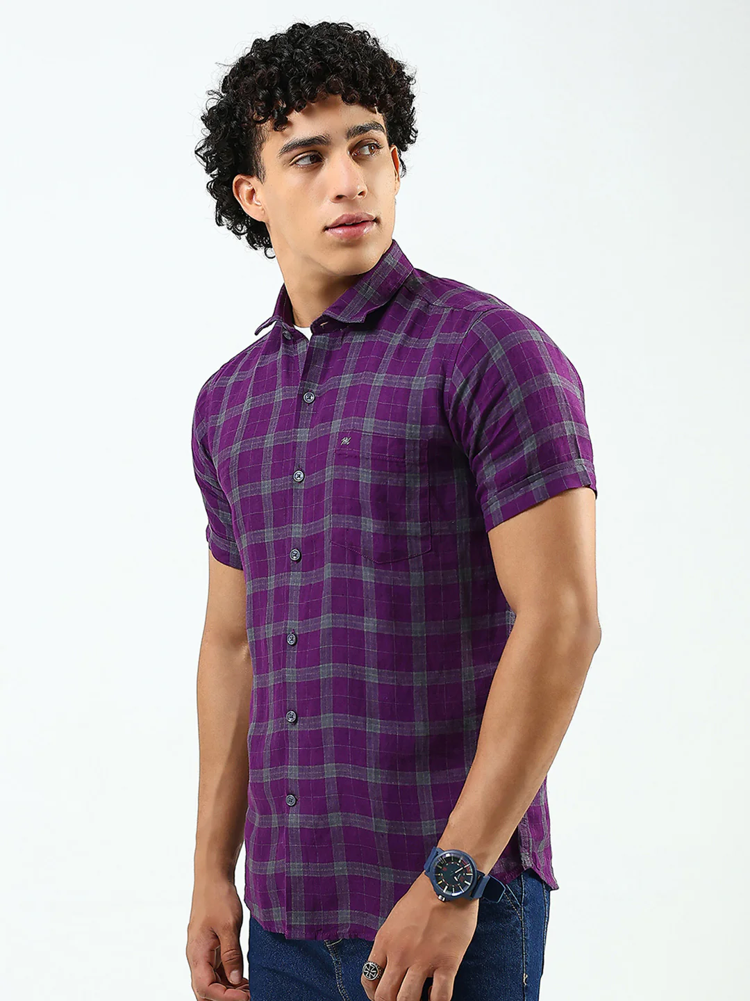 Men Purple Check Collar Half Sleeve Linen Shirt - Image 3