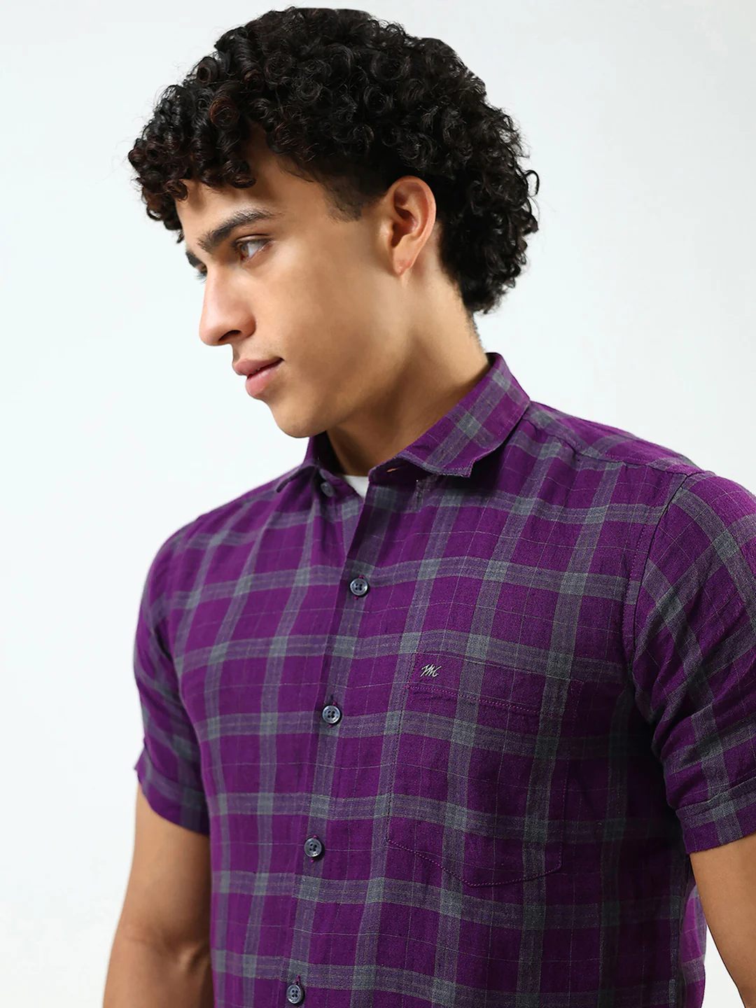 Men Purple Check Collar Half Sleeve Linen Shirt - Image 6