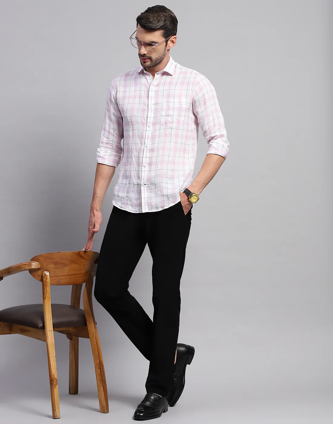 Men Purple Check Collar Neck Full Sleeve Linen Shirt - Image 2