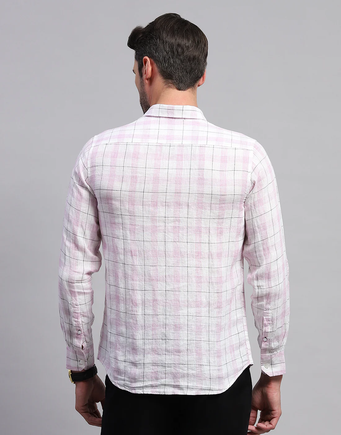 Men Purple Check Collar Neck Full Sleeve Linen Shirt - Image 5