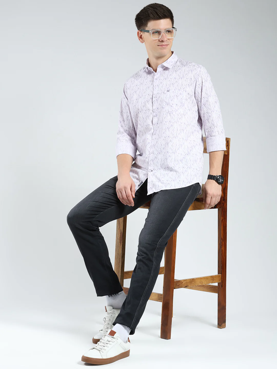 Men Purple Printed Collar Full Sleeve Shirt - Image 2