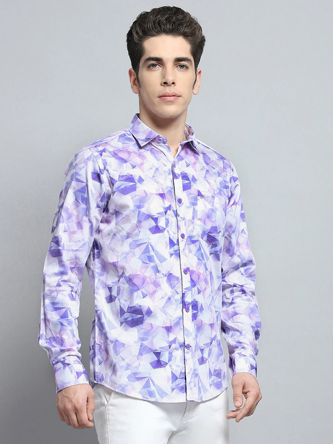 Men Purple Printed Collar Full Sleeve Shirt - Image 4