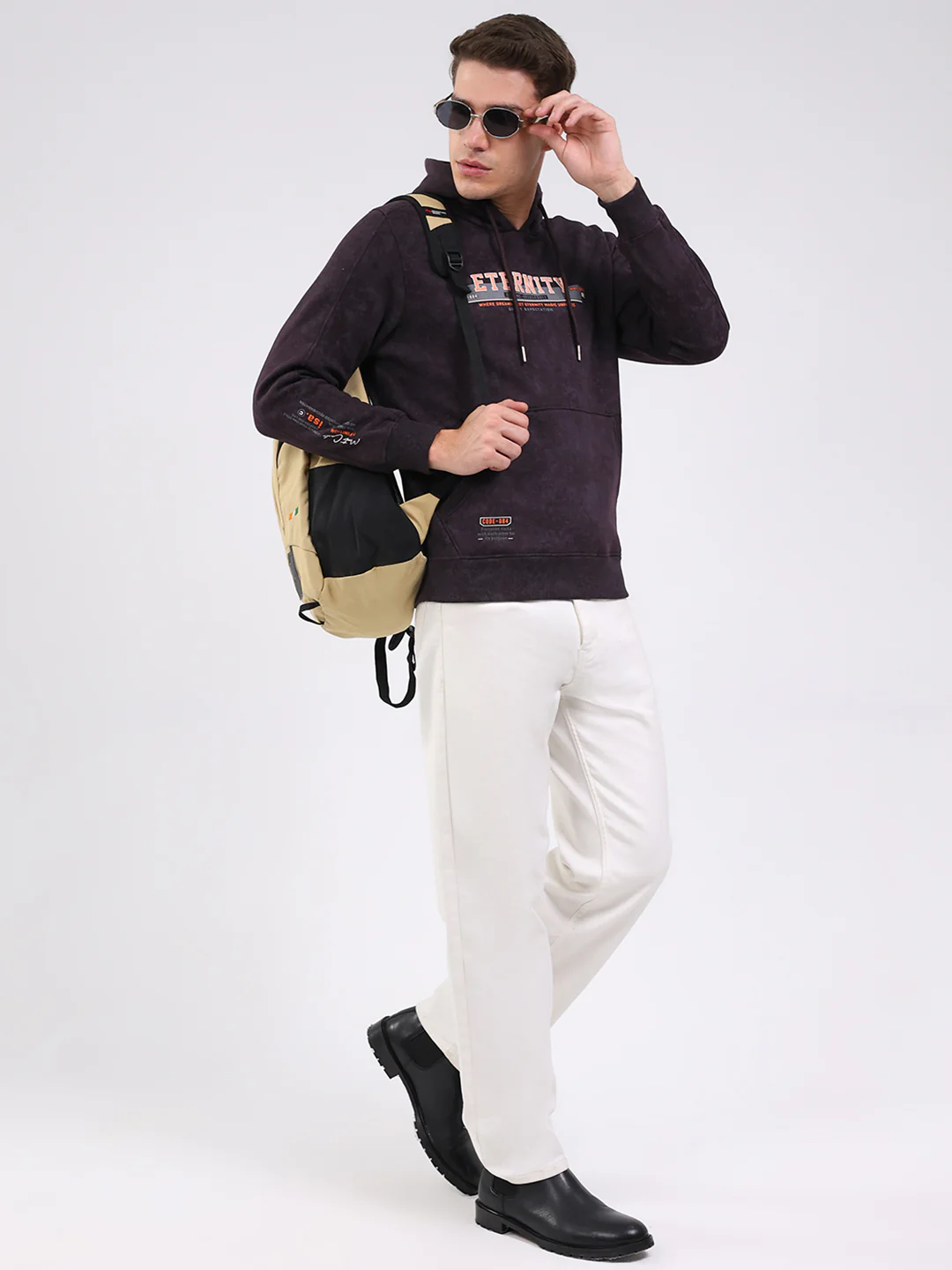 Men Purple Printed Hooded Full Sleeve Sweatshirt - Image 2