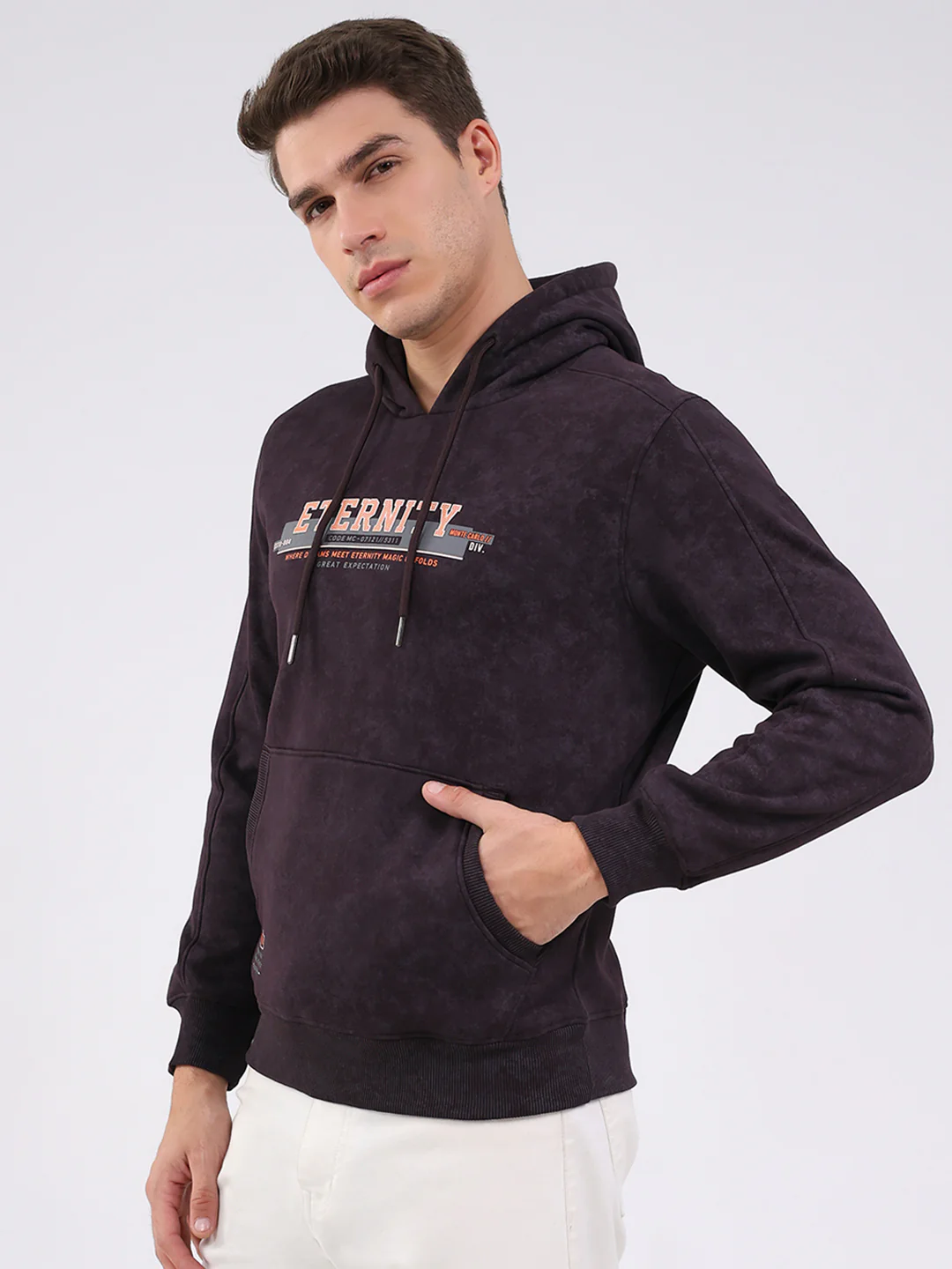 Men Purple Printed Hooded Full Sleeve Sweatshirt - Image 3