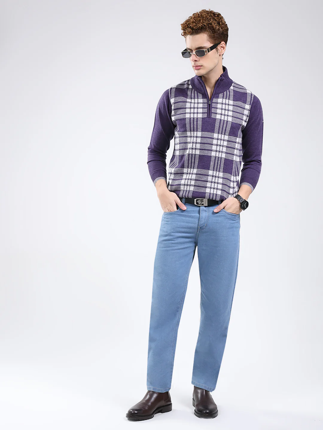 Men Purple Printed Mock Neck Full Sleeve Pullover - Image 2