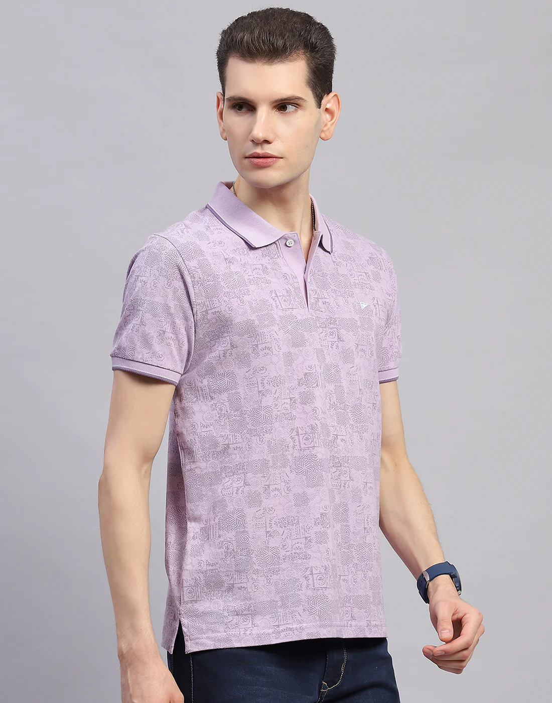 Men Purple Printed Polo Collar Half Sleeve T-Shirt - Image 4