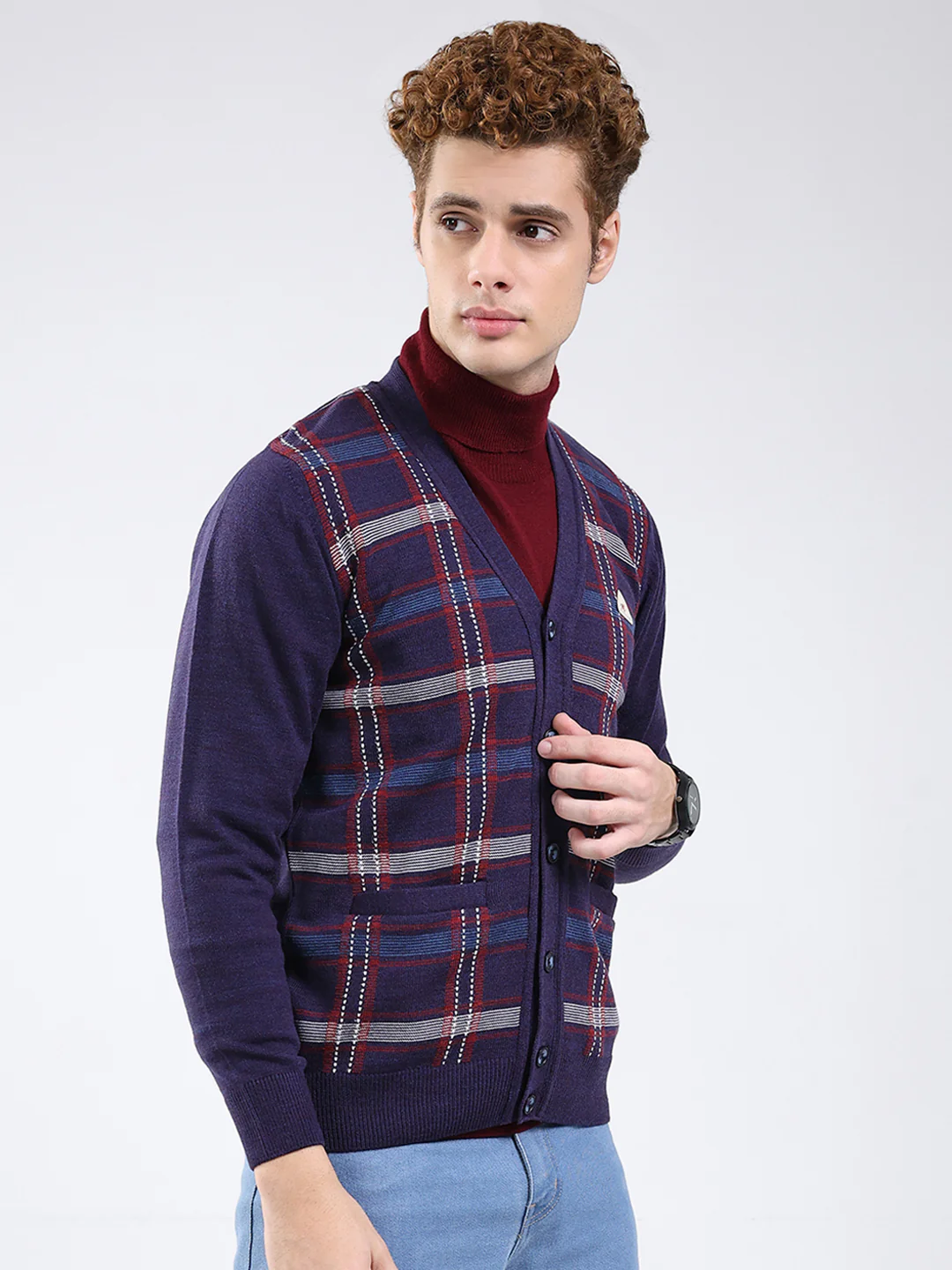 Men Purple Printed V Neck Full Sleeve Cardigan - Image 4