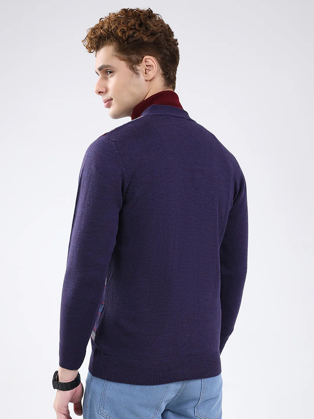 Men Purple Printed V Neck Full Sleeve Cardigan - Image 5