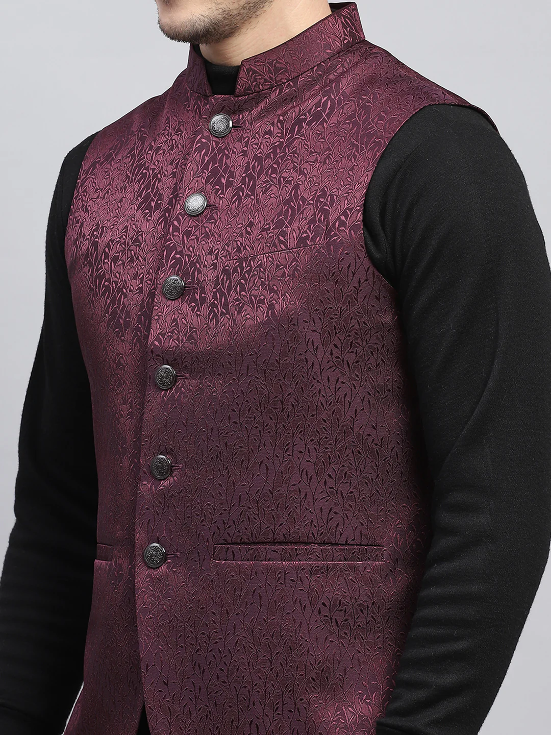 Men Purple Self Design Band Collar Sleeveless Coat - Image 7