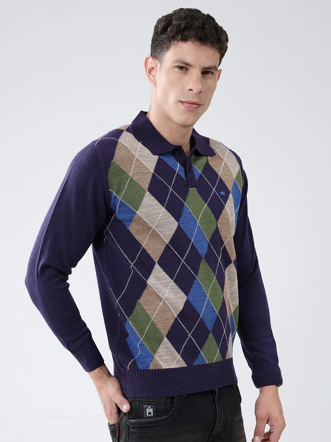 Men Purple Self Design Collar Full Sleeve Winter T-Shirt - Image 4