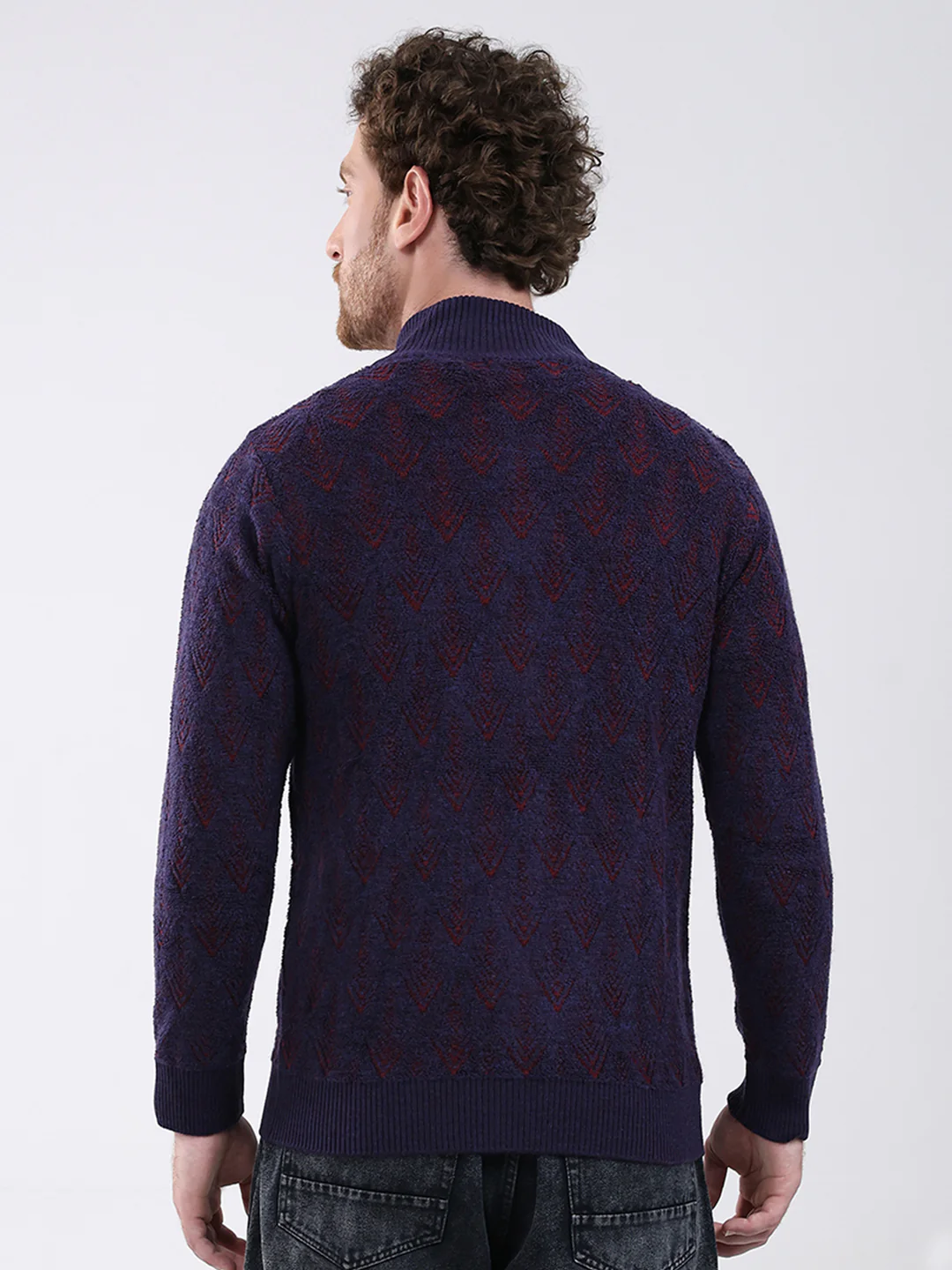 Men Purple Self Design Mock Neck Full Sleeve Pullover - Image 5