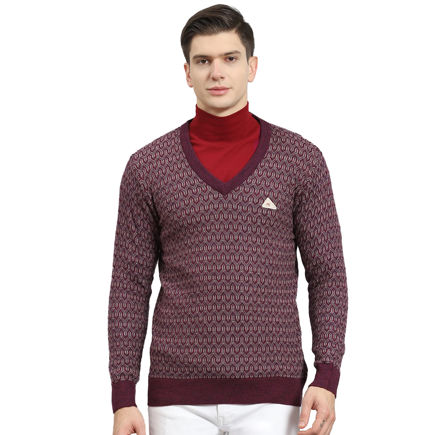 Men Purple Self Design V Neck Full Sleeve Sweater - Image 5