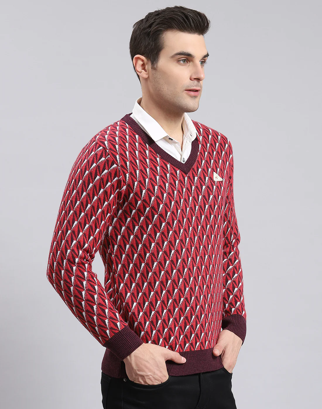 Men Purple Self Design V Neck Full Sleeve Sweater - Image 4