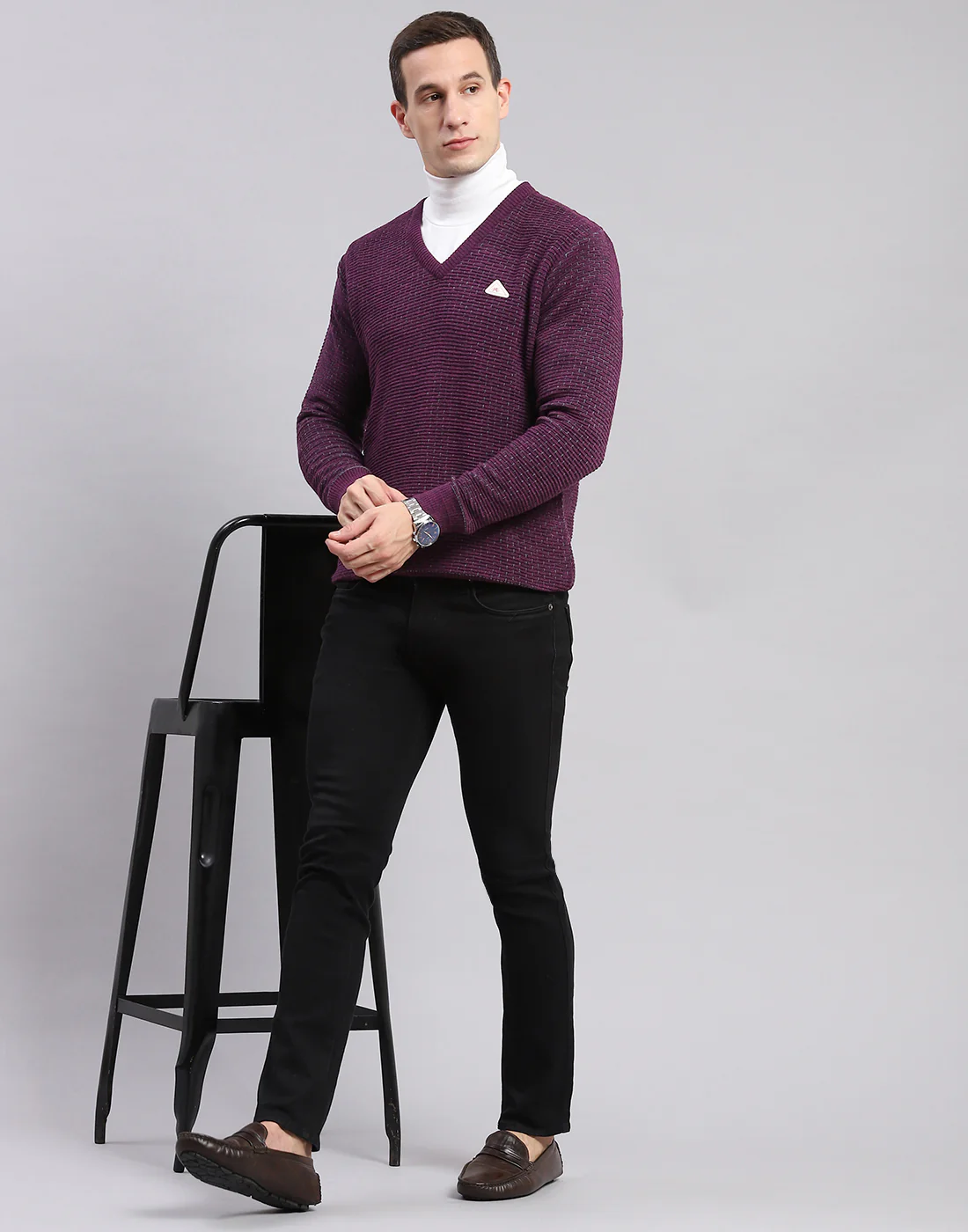 Men Purple Self Design V Neck Full Sleeve Sweaters/Pullovers - Image 2