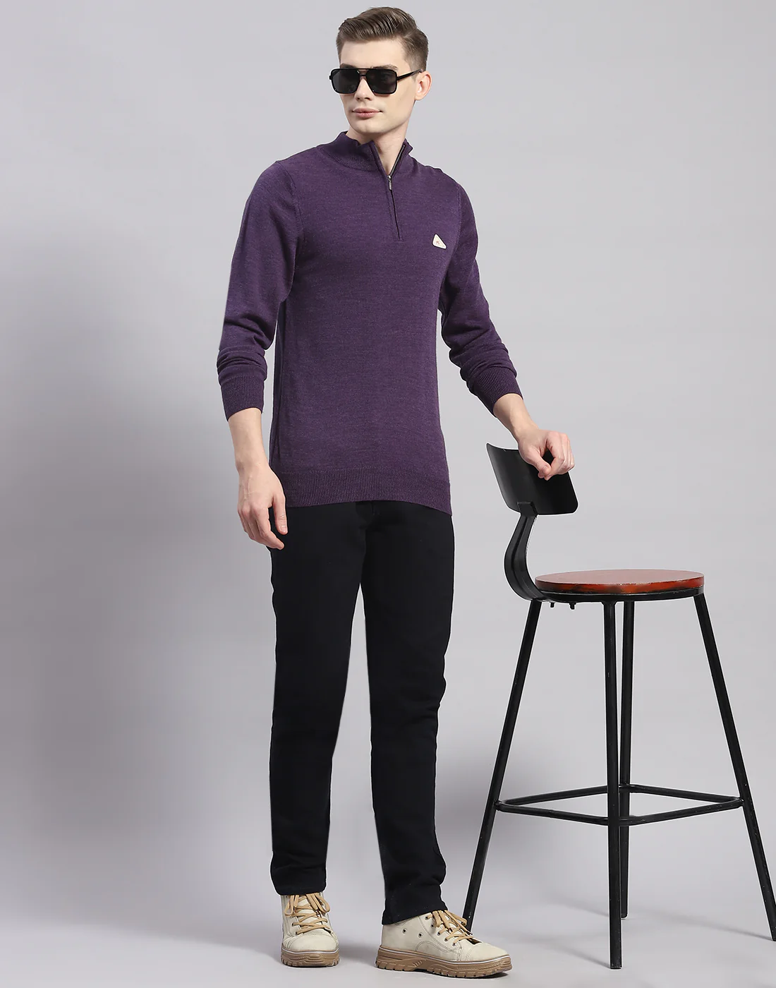 Men Purple Solid H Neck Full Sleeve Pullover - Image 2
