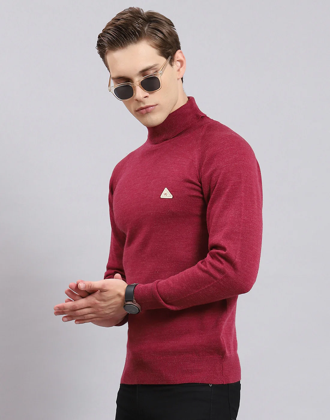 Men Purple Solid H Neck Full Sleeve Sweater - Image 3