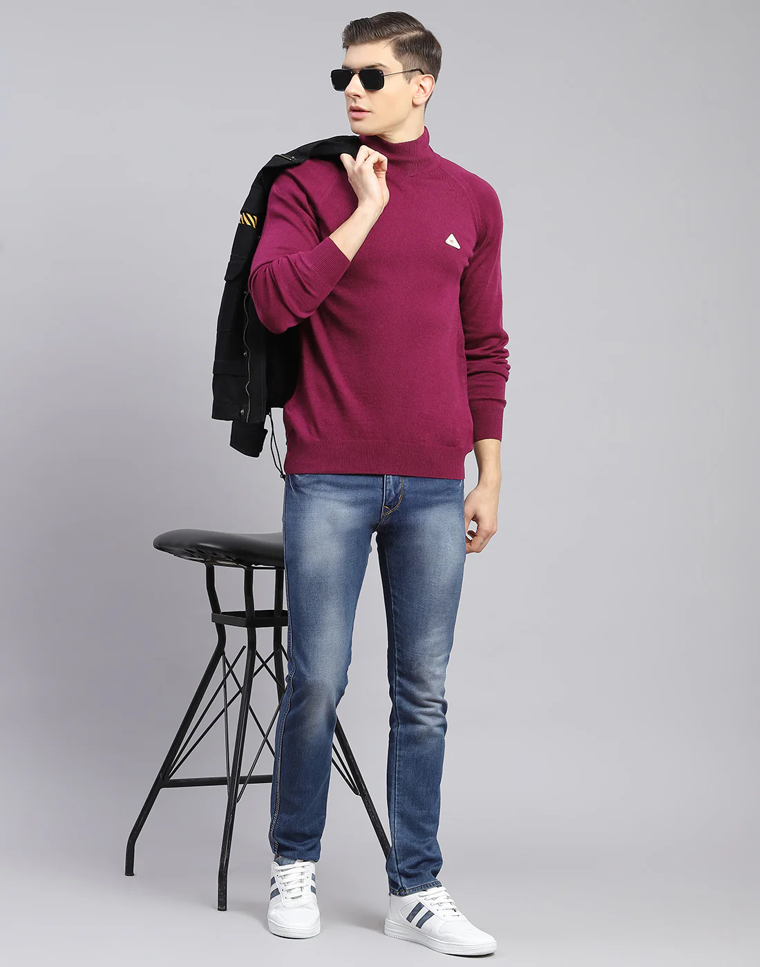 Men Purple Solid H Neck Full Sleeve Sweater - Image 2