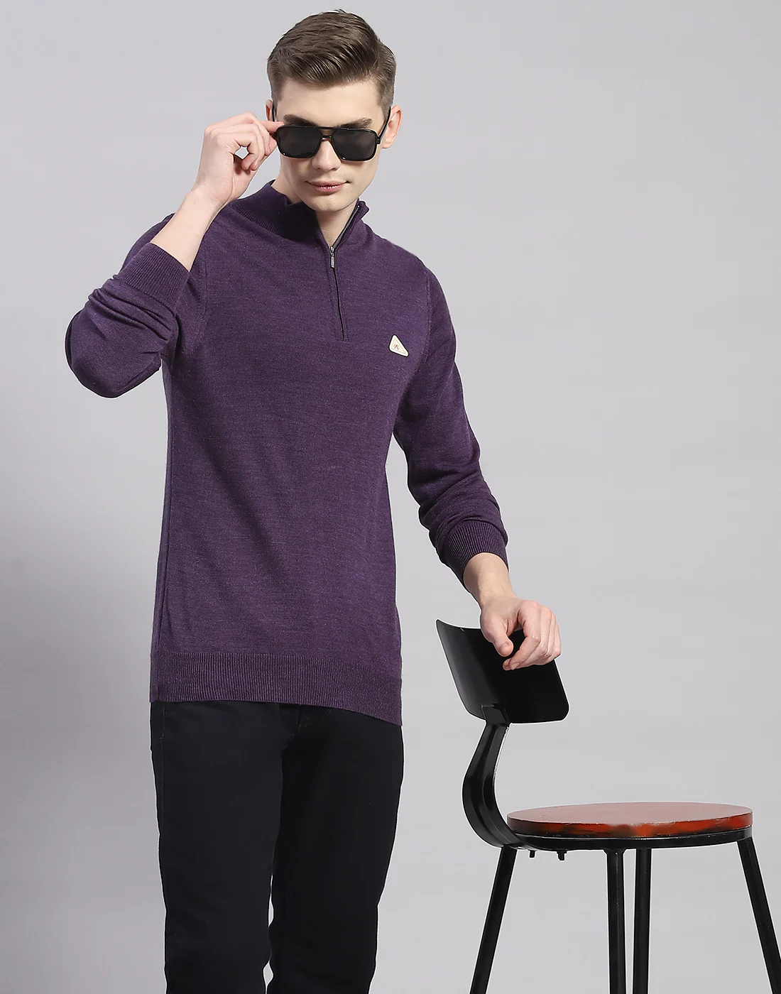 Men Purple Solid High Neck Full Sleeve Pullover - Image 2