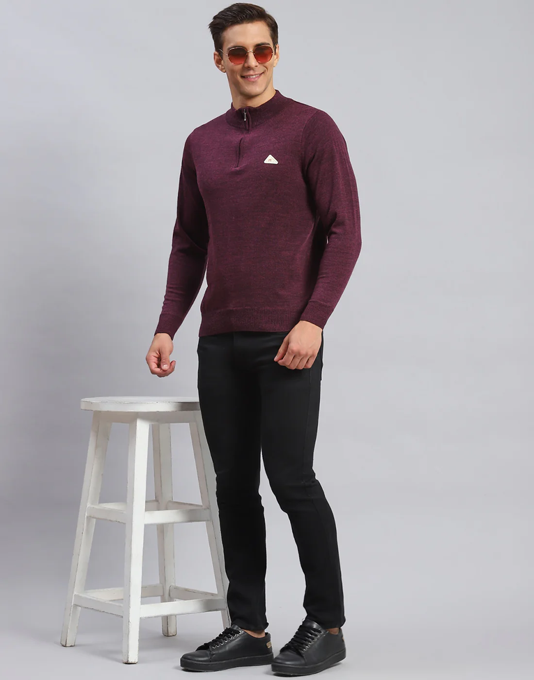 Men Purple Solid High Neck Full Sleeve Pullover - Image 2