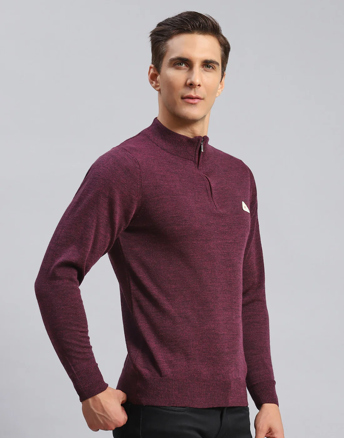 Men Purple Solid High Neck Full Sleeve Pullover - Image 4