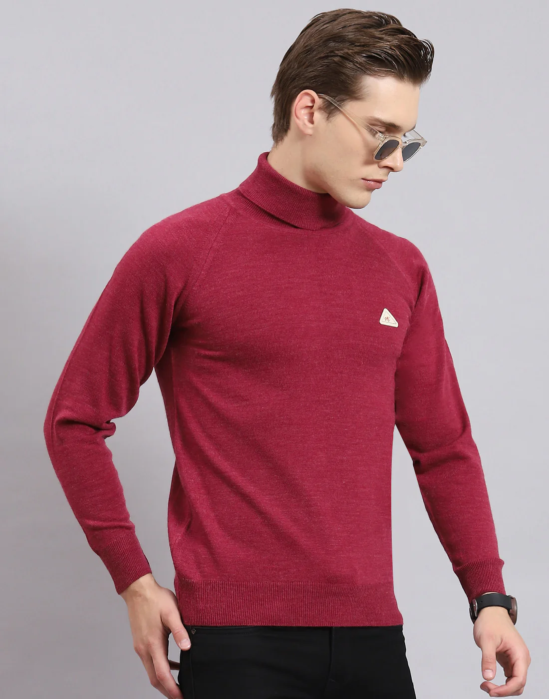 Men Purple Solid High Neck Full Sleeve Pullover - Image 4