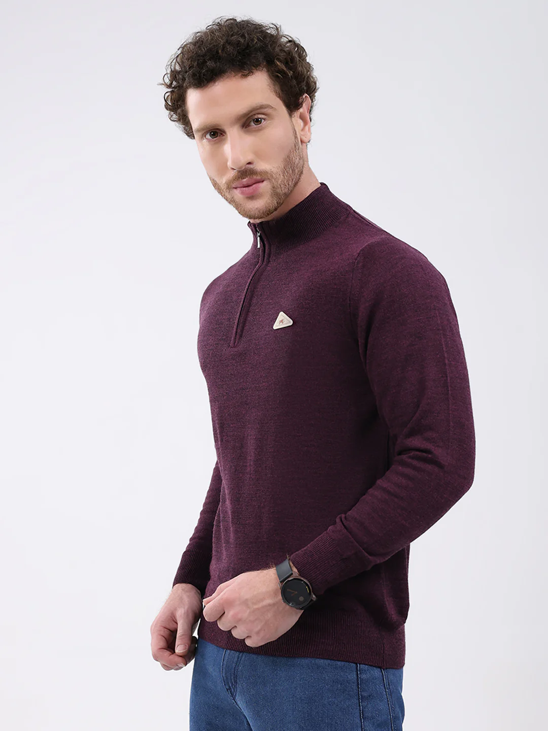 Men Purple Solid Mock Neck Full Sleeve Pullover - Image 3