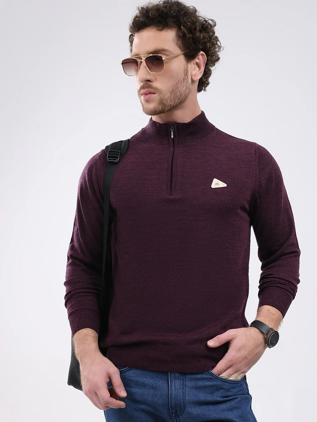 Men Purple Solid Mock Neck Full Sleeve Pullover - Image 6