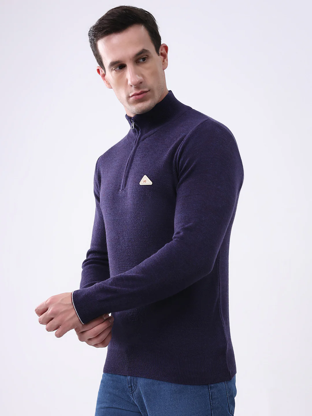 Men Purple Solid Mock Neck Full Sleeve Pullover - Image 3