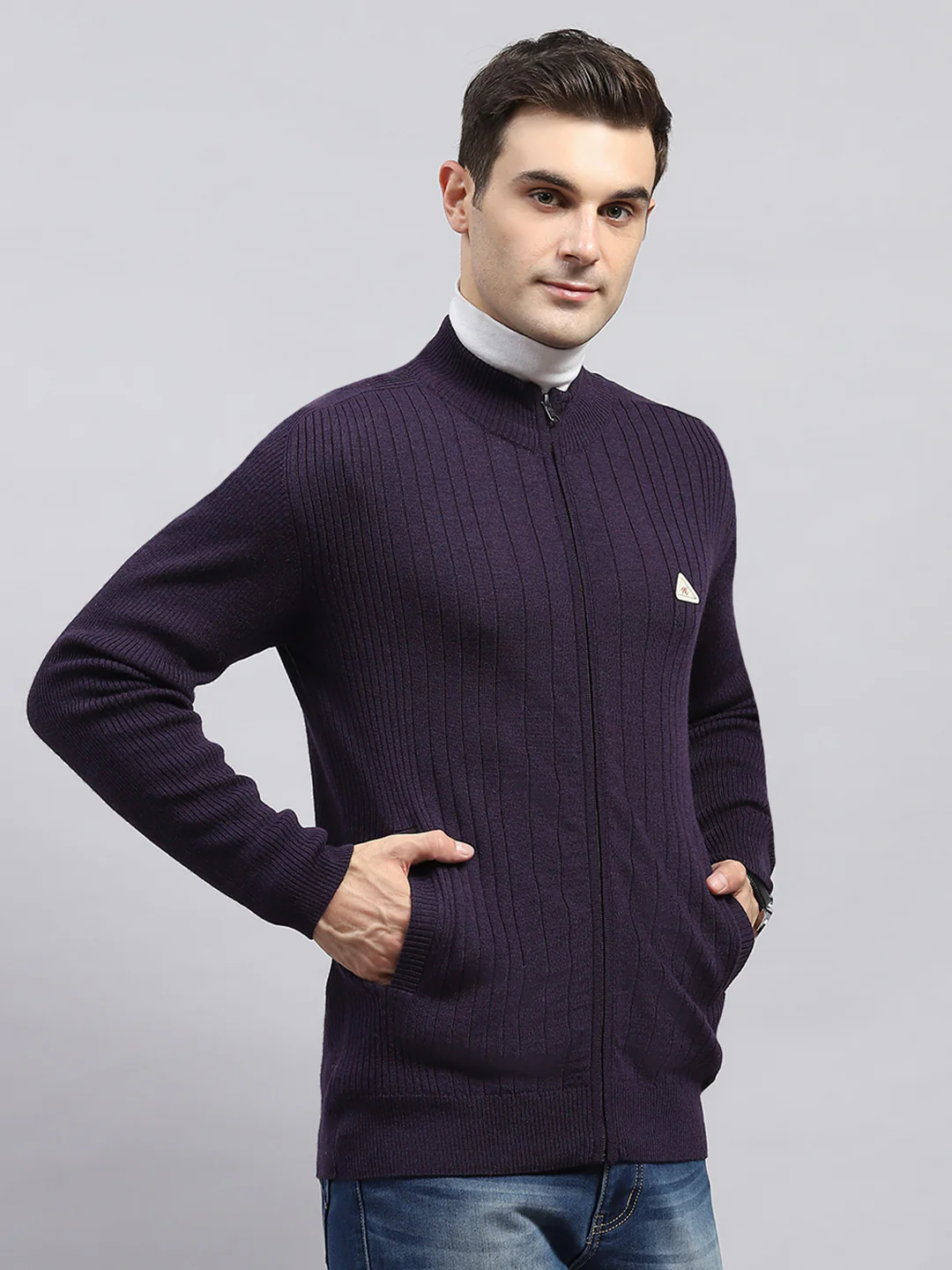 Men Purple Solid Round Neck Full Sleeve Pullover - Image 4