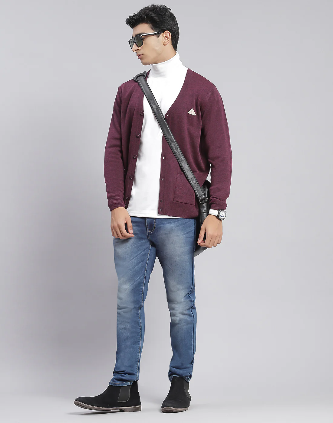 Men Purple Solid V Neck Full Sleeve Cardigan - Image 2