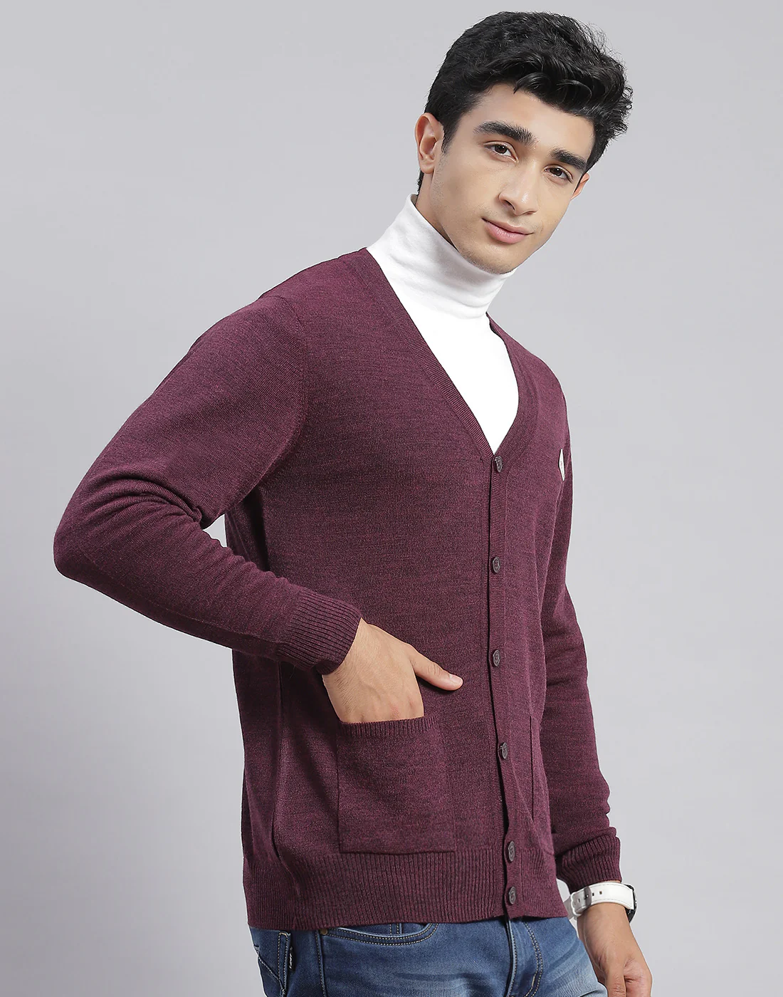 Men Purple Solid V Neck Full Sleeve Cardigan - Image 5