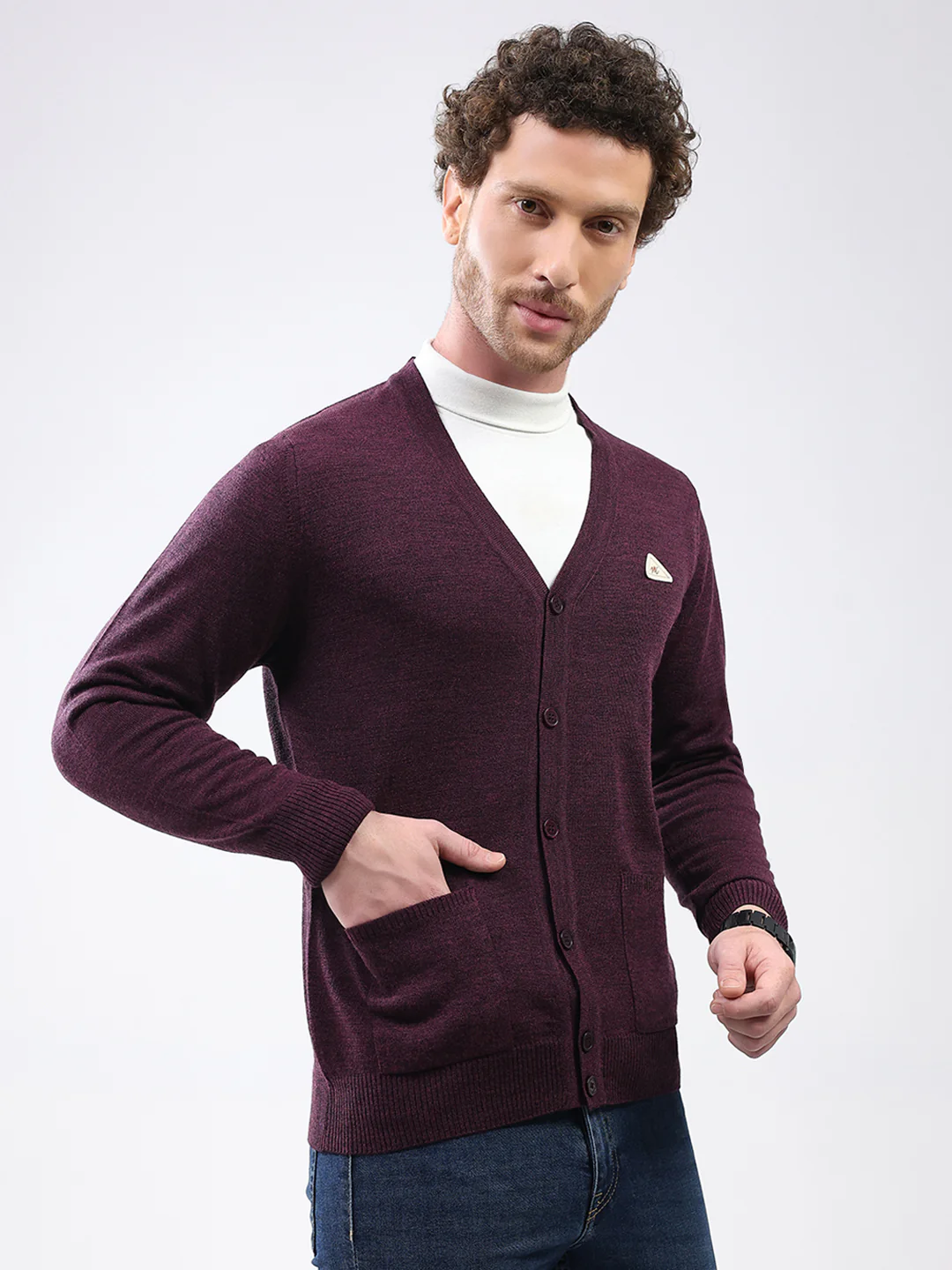Men Purple Solid V Neck Full Sleeve Cardigan - Image 4