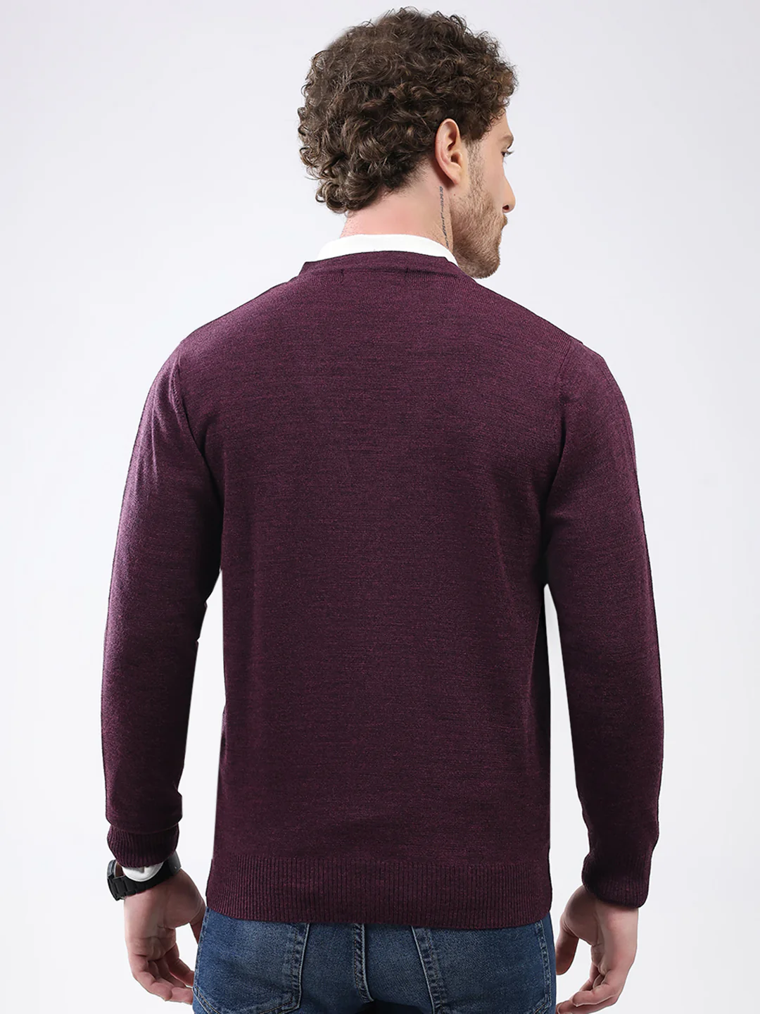 Men Purple Solid V Neck Full Sleeve Cardigan - Image 5