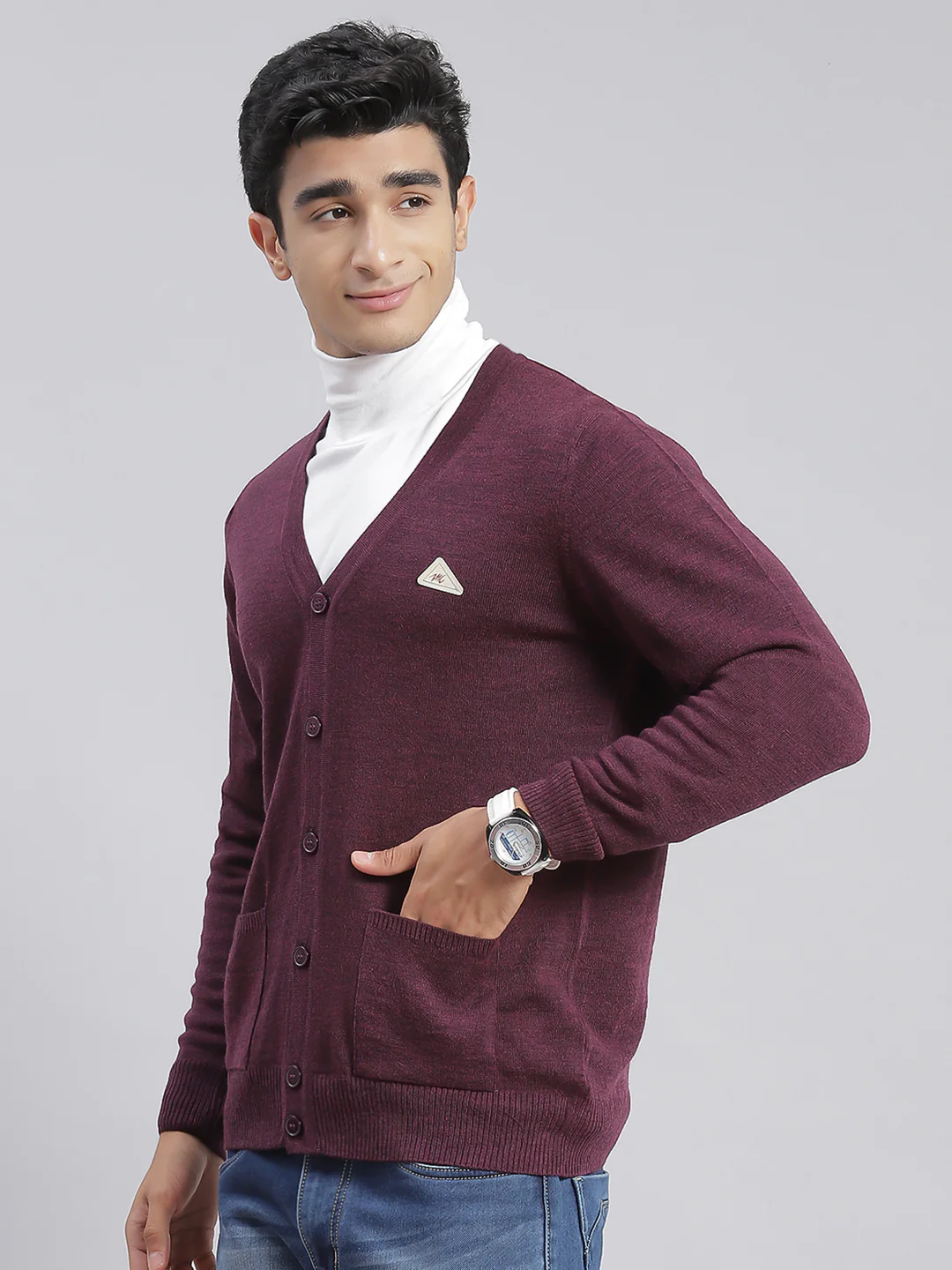 Men Purple Solid V Neck Full Sleeve Cardigans - Image 4