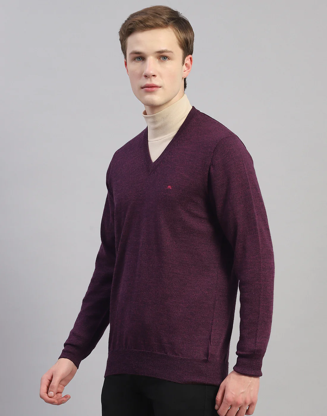 Men Purple Solid V Neck Full Sleeve Pullover - Image 4