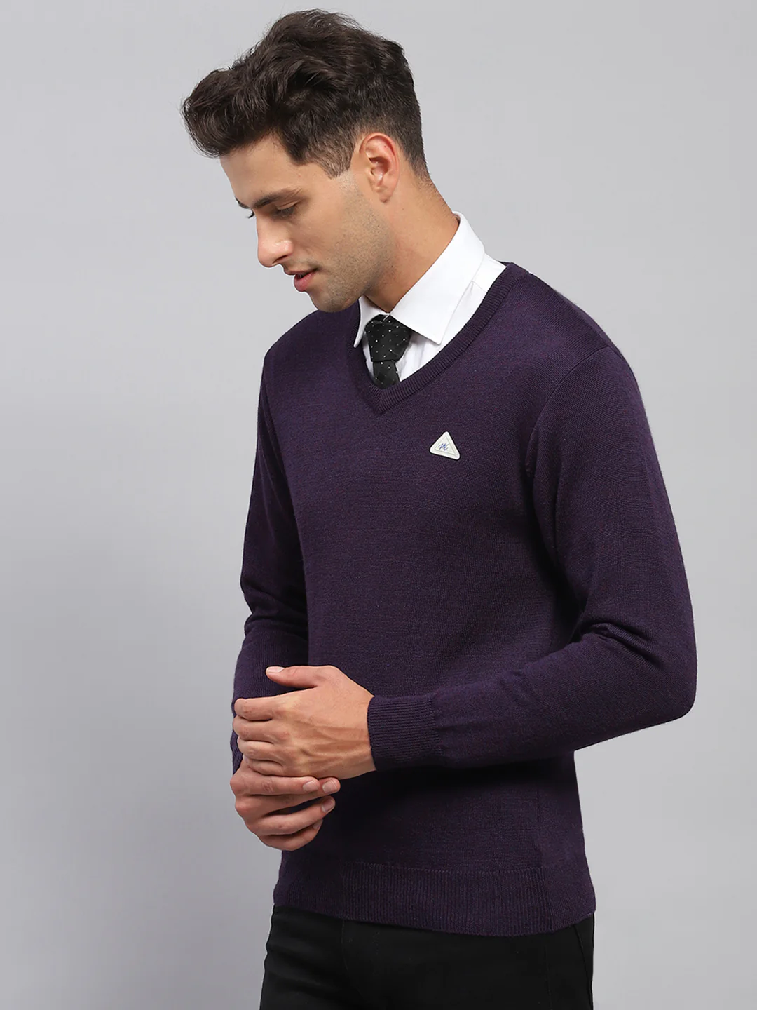Men Purple Solid V Neck Full Sleeve Pullover - Image 3
