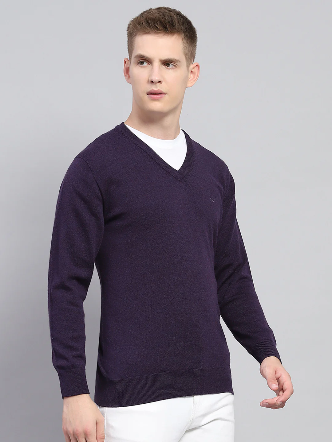 Men Purple Solid V Neck Full Sleeve Pullover - Image 4