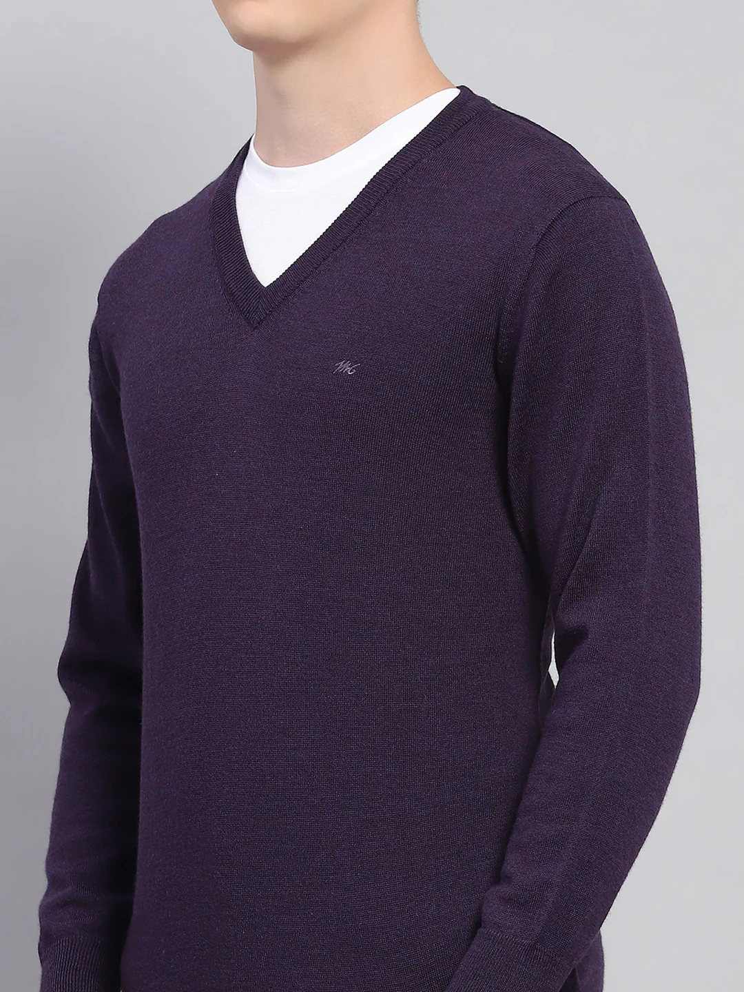 Men Purple Solid V Neck Full Sleeve Pullover - Image 6