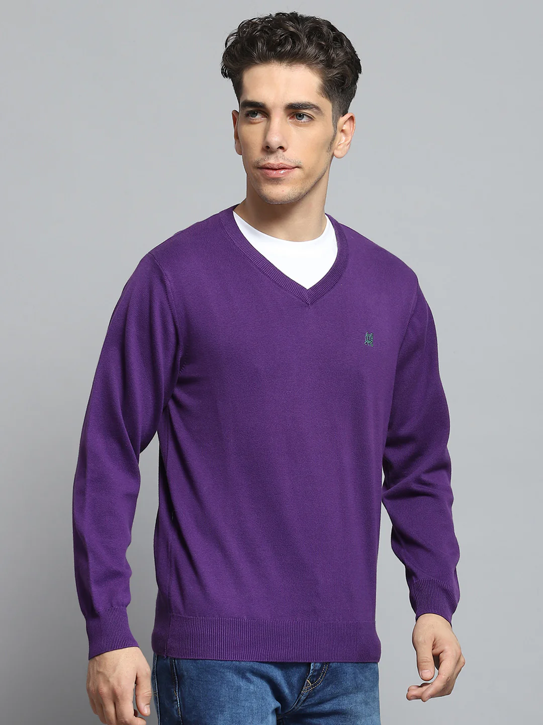 Men Purple Solid V Neck Full Sleeve Pullover - Image 4