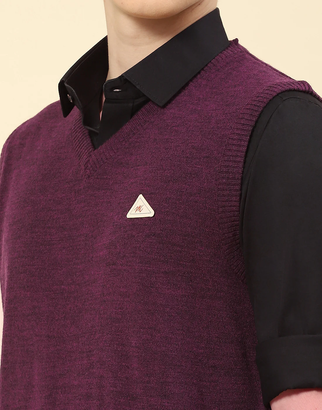 Men Purple Solid V Neck Sleeveless Sweater - Image 6