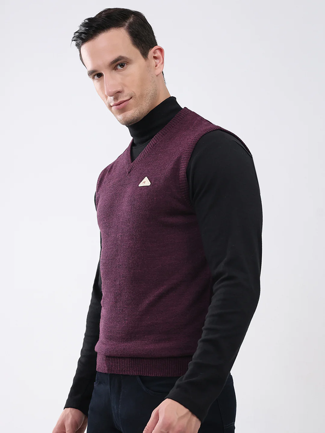 Men Purple Solid V Neck Sleeveless Sweater - Image 3