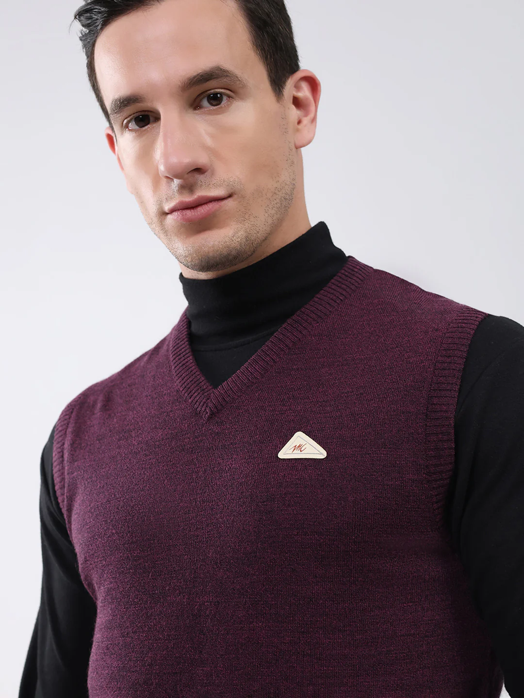Men Purple Solid V Neck Sleeveless Sweater - Image 6
