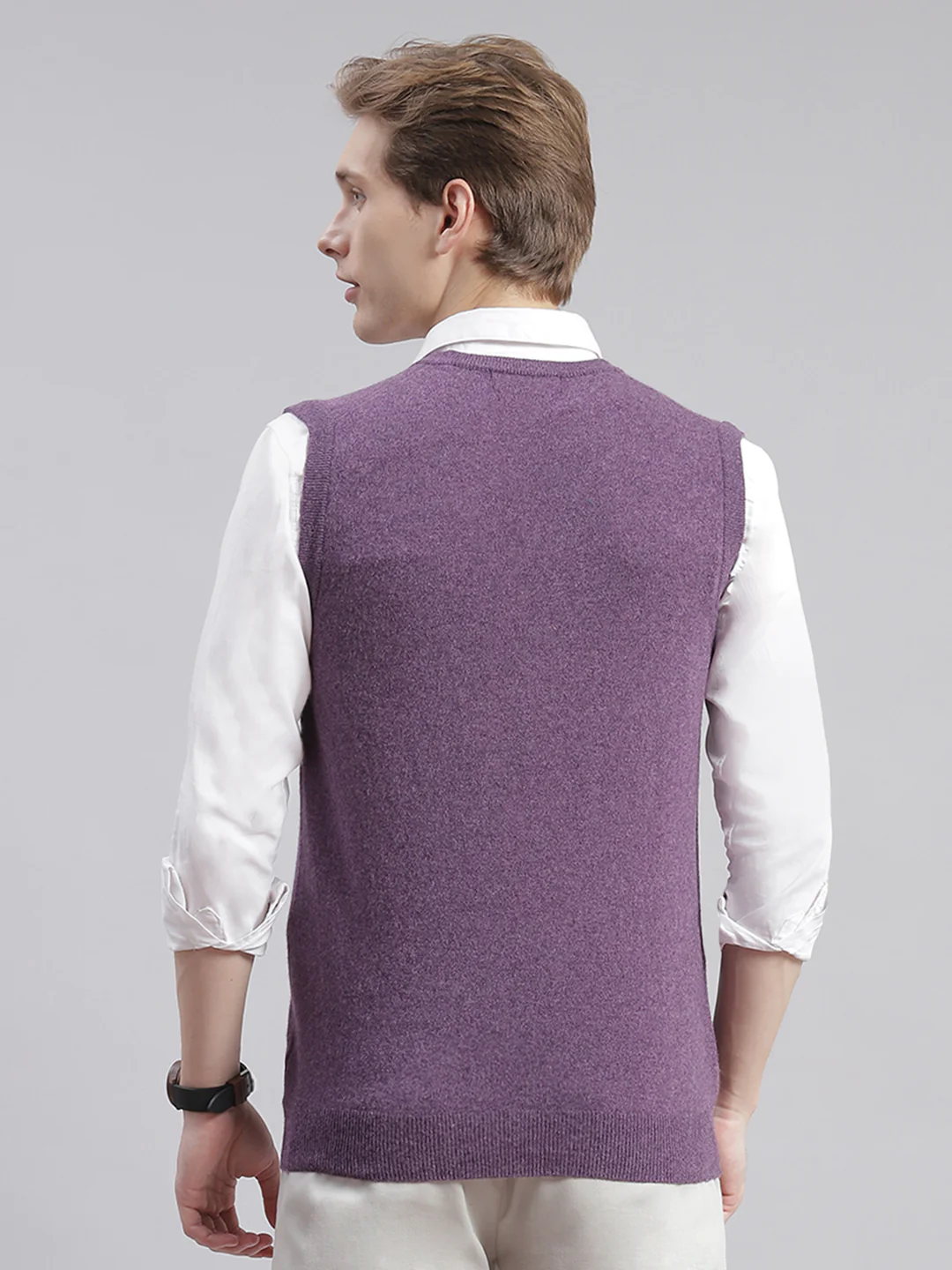 Men Purple Solid V Neck Sleeveless Sweaters/Pullovers - Image 5