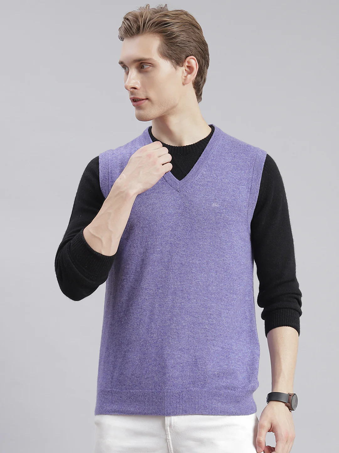 Men Purple Solid V Neck Sleeveless Sweaters/Pullovers - Image 3