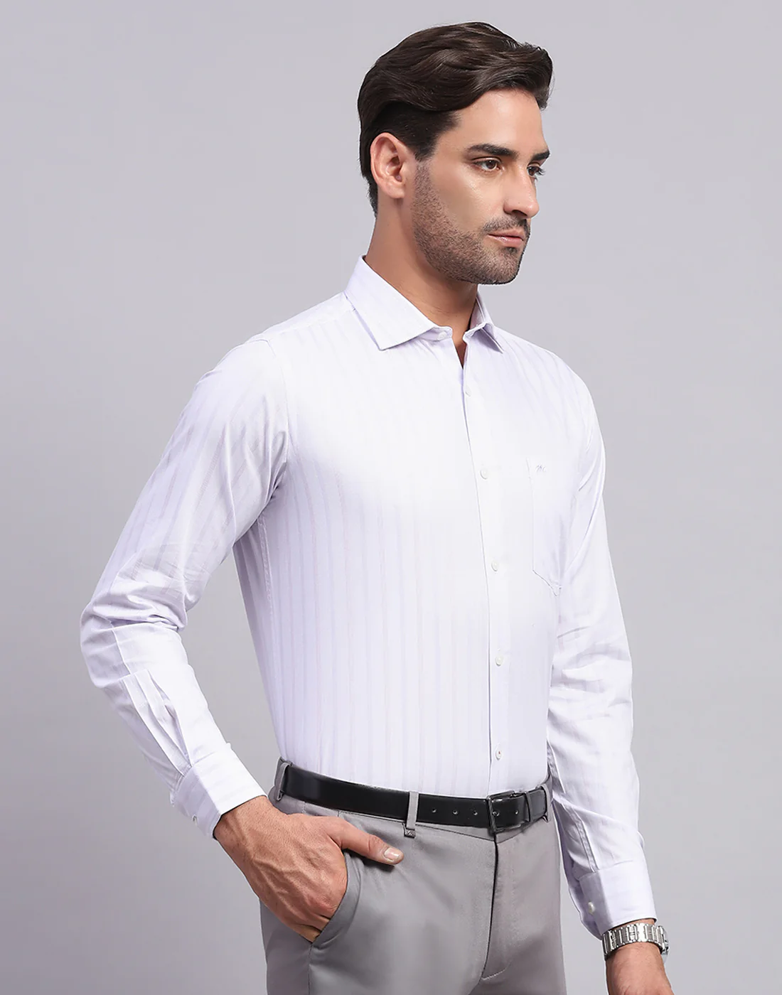 Men Purple Stripe Collar Full Sleeve Shirt - Image 4