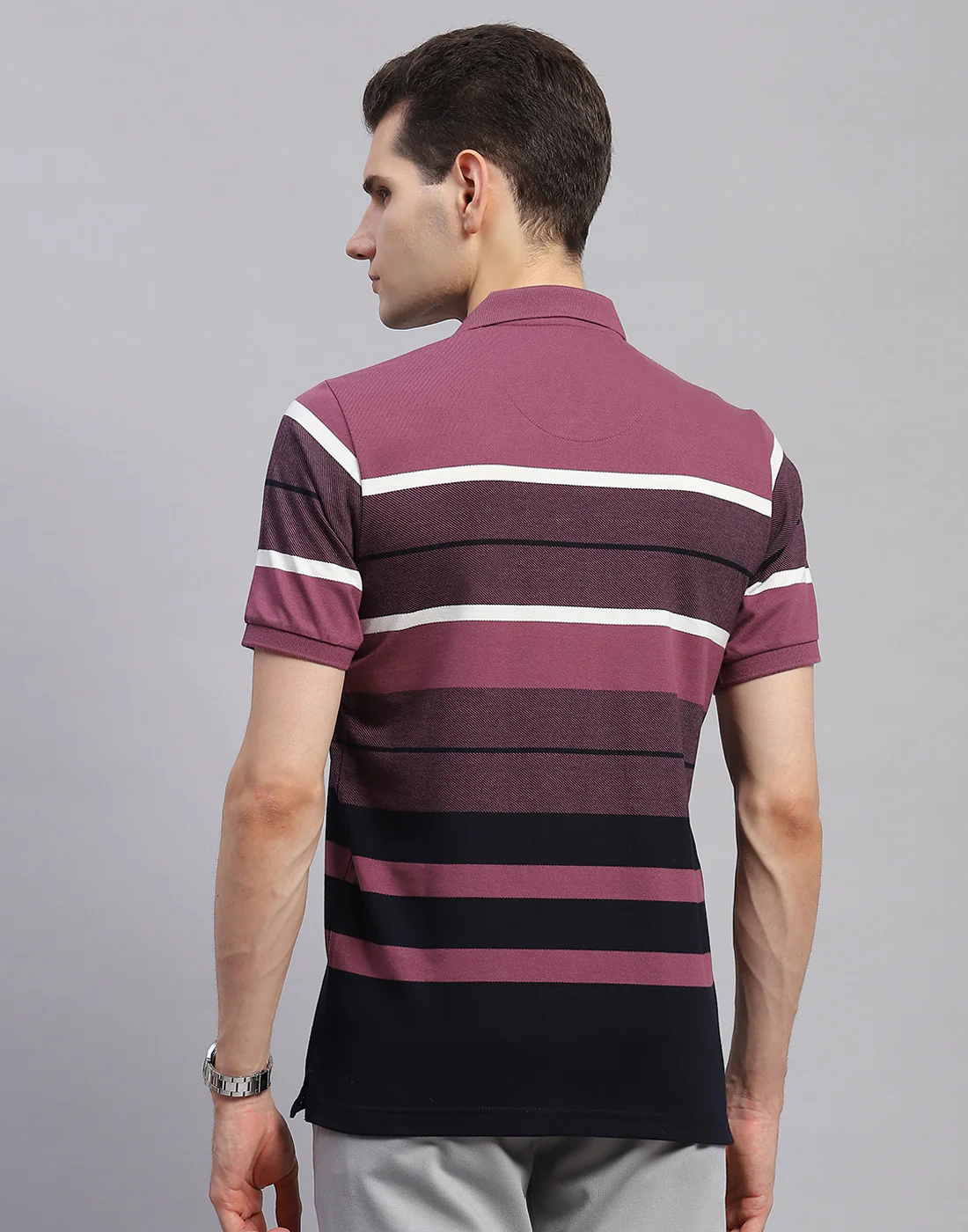 Men Purple Stripe Collar Half Sleeve T-Shirt - Image 5